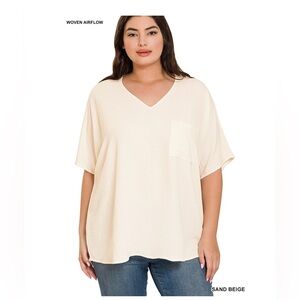 479 - 1X-3X Zenana Outfitters Woven Airflow V-Neck Dolman Short Sleeve Blouse